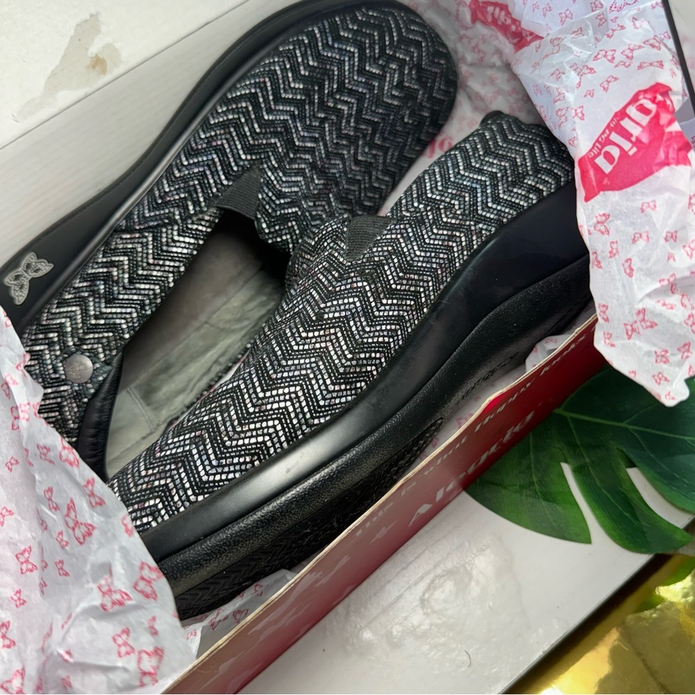 Alegria Black and Silver Zigzag Slip-On Flats